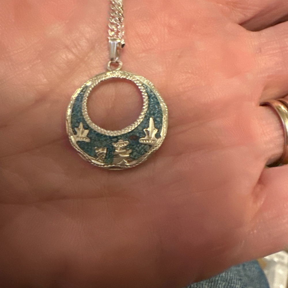 16 inch new 925 silver chain with inlay turquoise pendant